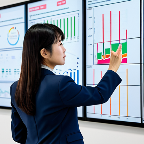 A highly competent professional Japanese female event planning expert, wearing a modest business suit, fully clothed, appropriate attire, professional dress. She stands in a brightly lit, modern office, looking intently at a large wall-mounted screen displaying complex event logistics and data visualizations. One hand gestures thoughtfully towards the screen, conveying strategic planning and problem-solving. The background is clean and organized, emphasizing efficiency. Professional photography, high-resolution, sharp focus, natural lighting, perfect anatomy, correct proportions, well-formed hands, proper finger count, natural body proportions, safe for work, appropriate content, fully clothed, professional, family-friendly.