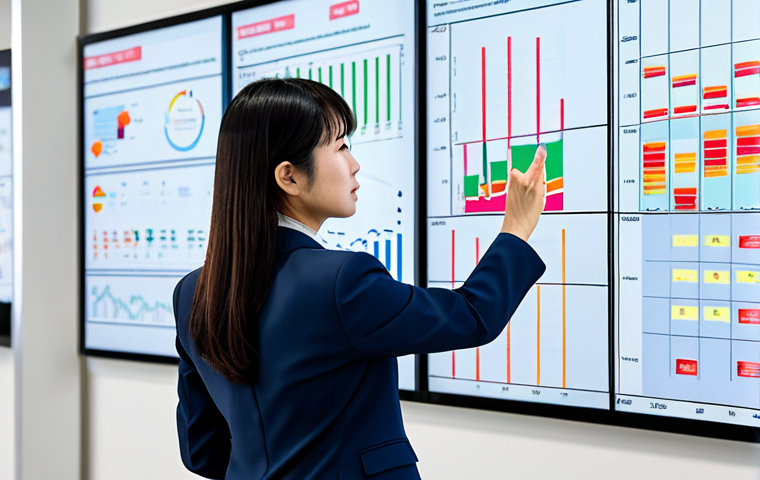 A highly competent professional Japanese female event planning expert, wearing a modest business suit, fully clothed, appropriate attire, professional dress. She stands in a brightly lit, modern office, looking intently at a large wall-mounted screen displaying complex event logistics and data visualizations. One hand gestures thoughtfully towards the screen, conveying strategic planning and problem-solving. The background is clean and organized, emphasizing efficiency. Professional photography, high-resolution, sharp focus, natural lighting, perfect anatomy, correct proportions, well-formed hands, proper finger count, natural body proportions, safe for work, appropriate content, fully clothed, professional, family-friendly.