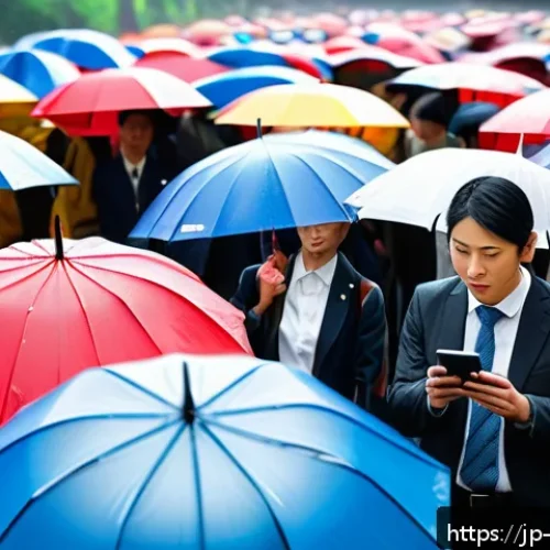 이벤트기획 중 발생한 문제 해결 사례 - A vibrant outdoor event scene in modern Japan, showing a diverse group of staff members quickly coor...