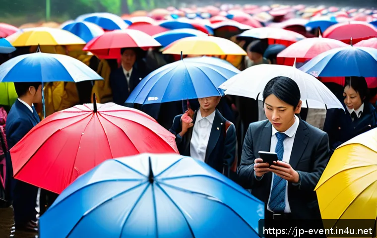 이벤트기획 중 발생한 문제 해결 사례 - A vibrant outdoor event scene in modern Japan, showing a diverse group of staff members quickly coor...
