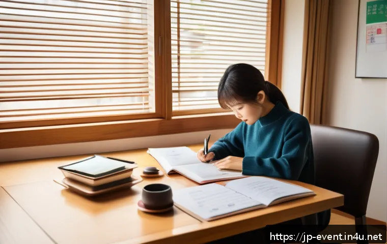 이벤트기획 자격증 취득 노하우 - A modern Japanese study room scene with a young Japanese adult diligently managing a study schedule ...