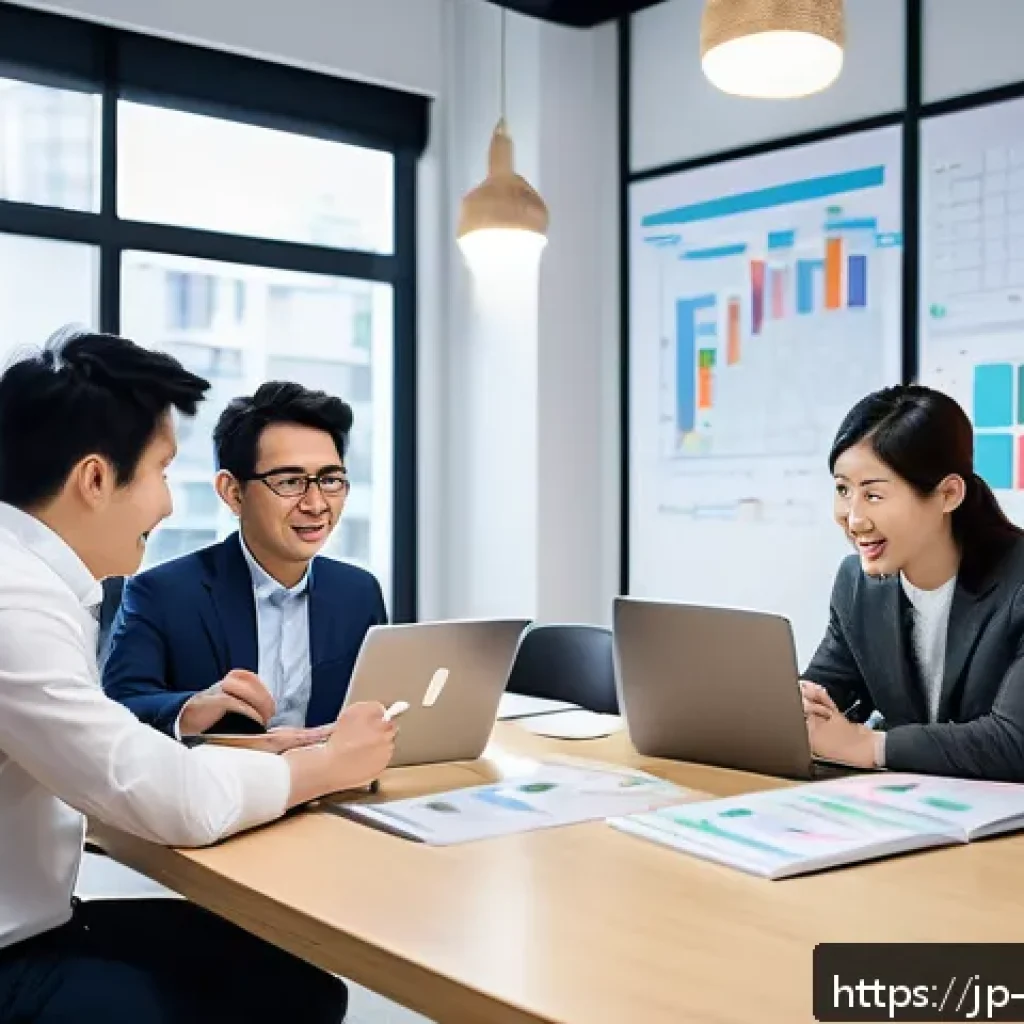 이벤트기획자 면접 질문과 답변 - A modern event planning office scene with a diverse team of young Japanese professionals discussing ...