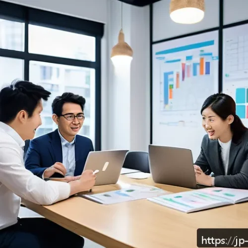이벤트기획자 면접 질문과 답변 - A modern event planning office scene with a diverse team of young Japanese professionals discussing ...