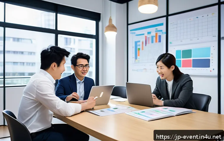 이벤트기획자 면접 질문과 답변 - A modern event planning office scene with a diverse team of young Japanese professionals discussing ...